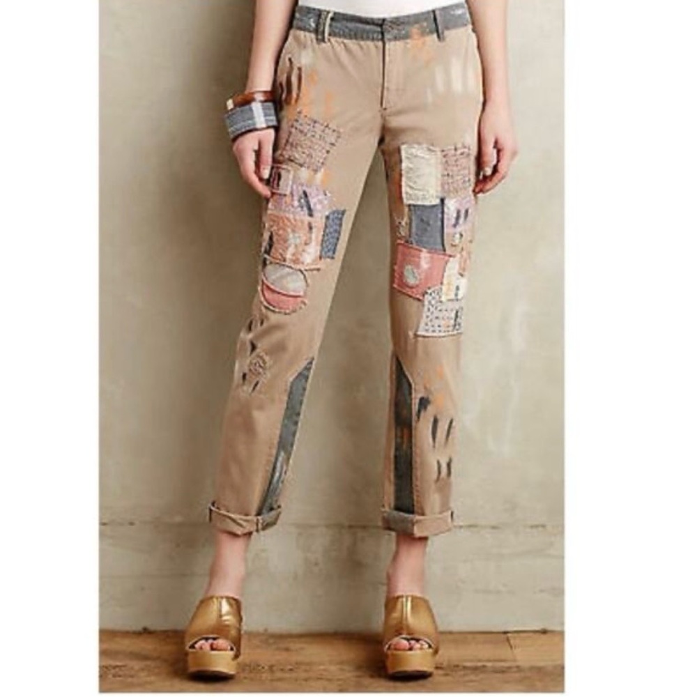 Anthro Pilcro Patchwork Painters Pants Khaki Tan Blue Pink Accents Hyphen Sz 28 - Picture 1 of 10